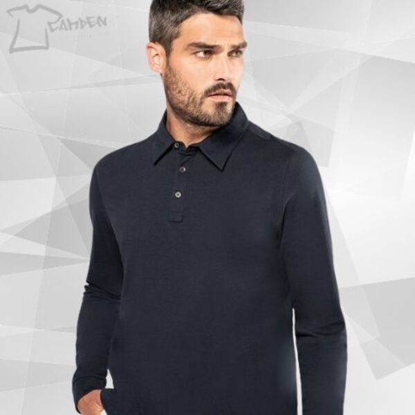 Jersey knit long sleeve polo shirt Thumbnail
