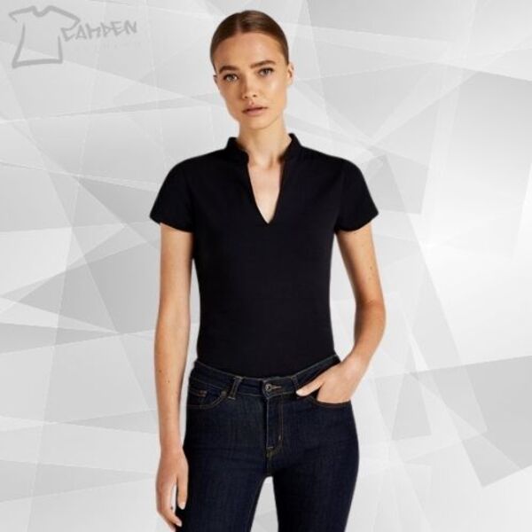 Women's corporate short-sleeved top v-neck mandarin collar (regular fit) Thumbnail